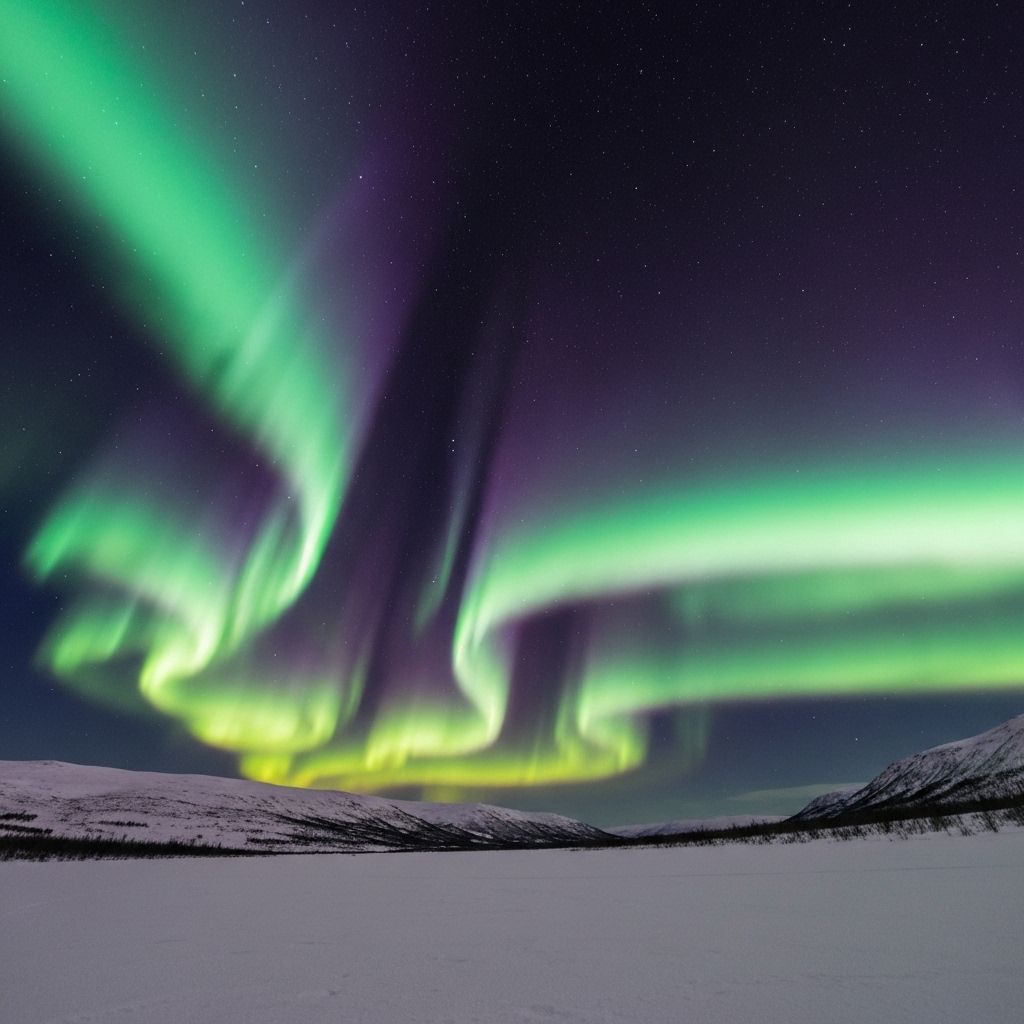 Northern lights over snowy landscape